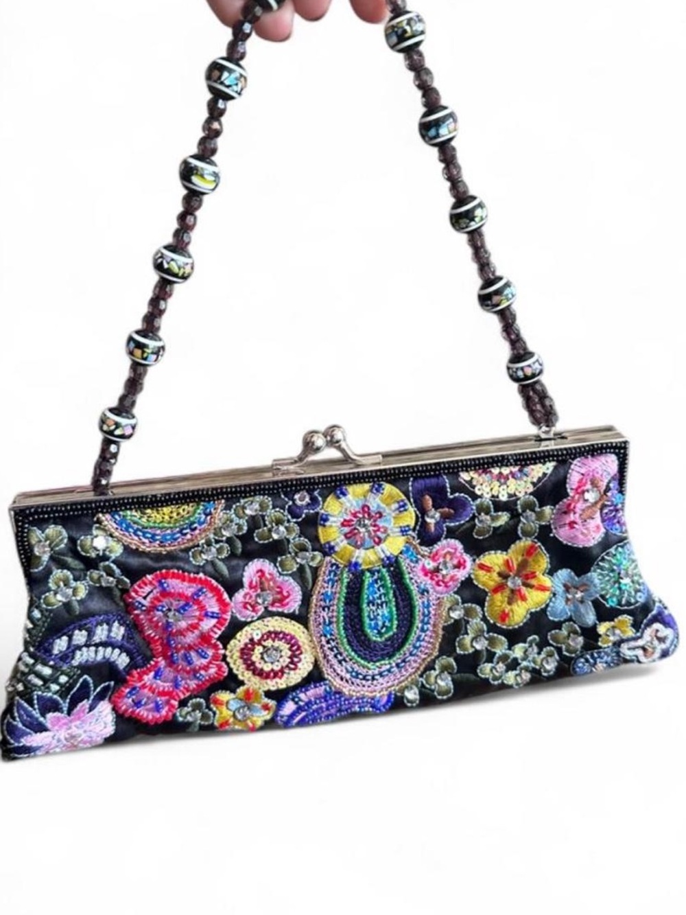 Vintage Black Satin Hand-Embroider Clutch with Beaded Handle & Shimmering Sequin